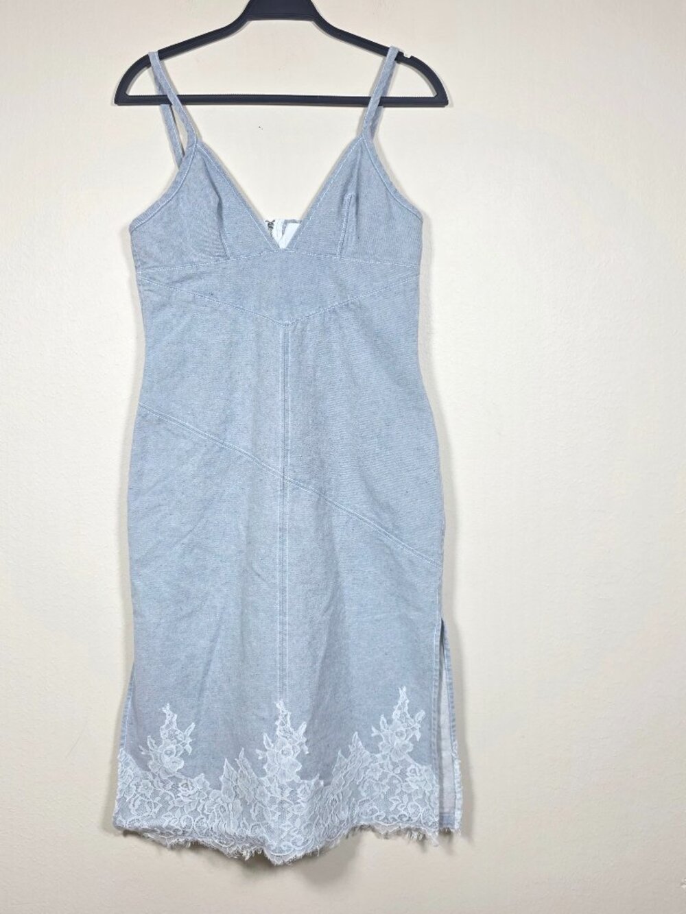 3.1 Phillip Lim Denim Slip Dress With Lace Hem Cotton Size 8 MSRP $595